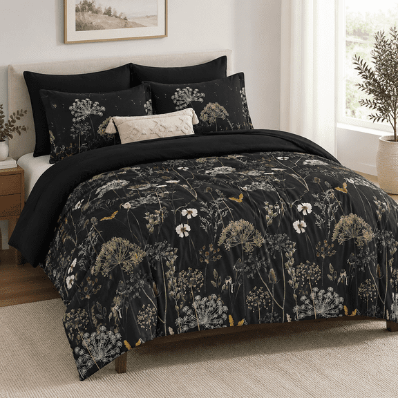 Black Queen (90"x90") 7-Piece Dandelion Floral Bed-in-a-Bag Comforter Set