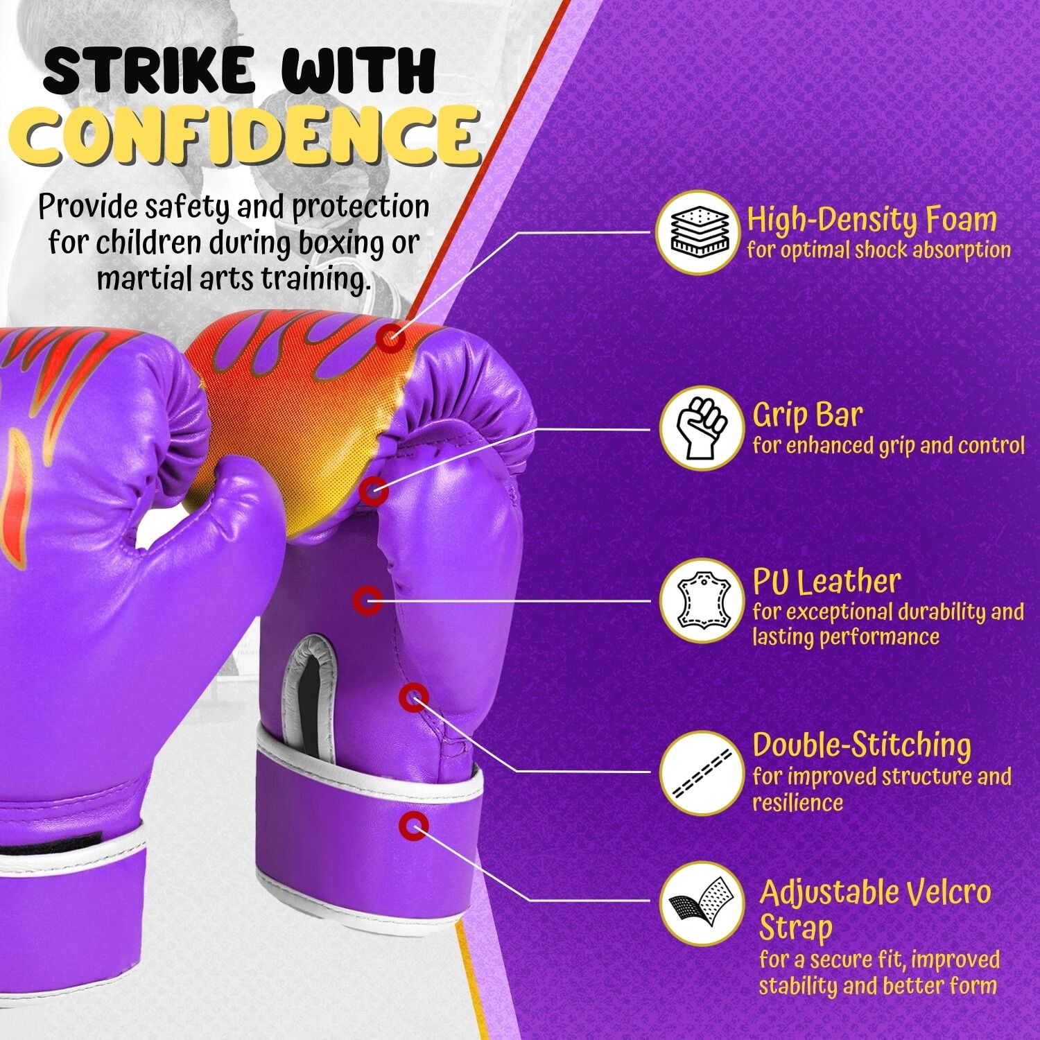 Kids Boxing Gloves For 3 to 8 Years, 4 oz Fire Purple Boxing Gloves for Children Sparring Youth Boxing Gloves Junior Training Mitts Punching Bag Gloves for KickBoxing, MMA, Muay Thai, Training