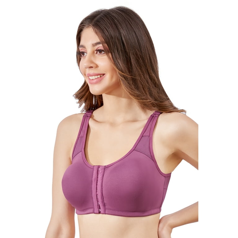 MAROON Purple Women Cotton Brushed Lycra Full Coverage No Bounce,  Non-Wired, Non-Padded Front Closure Magic Bra with Back Support