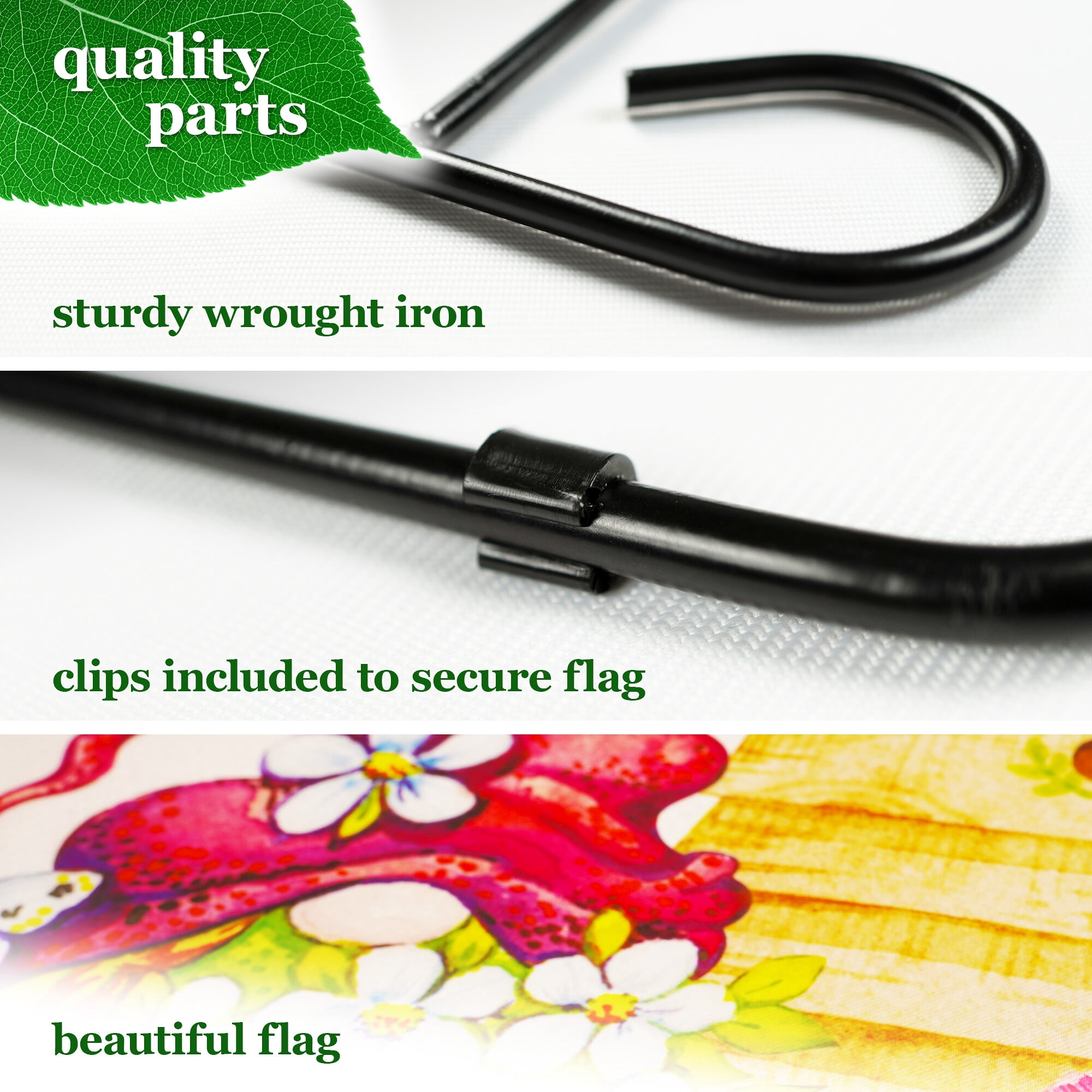G128 Combo Pack: Garden Flag Stand Black 36 in x 16 in & Garden Flag Spring Decoration Welcome Gnome with Flowers 12"x18" Double-Sided Blockout Fabric