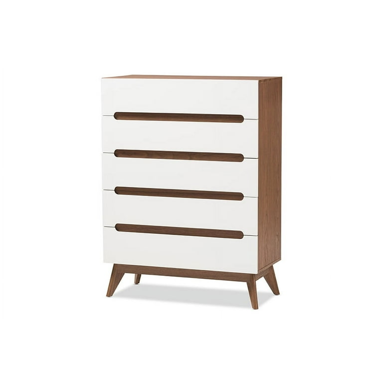 Baxton Studio Calypso Mid-Century Modern White and Walnut Wood 5-Drawer Storage Chest Baxton Studio Calypso Mid-Century Modern White and Walnut Wood 5-Drawer Storage Chest