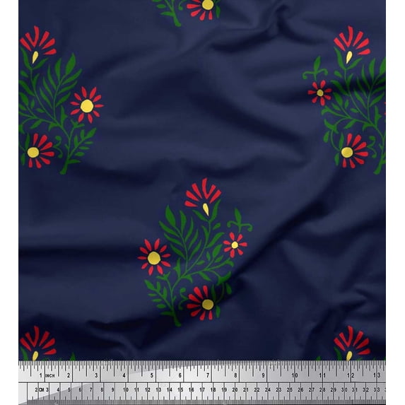 Soimoi Polyester Crepe Fabric Leaves & Floral Block Decor Fabric Printed Yard 52 Inch Wide