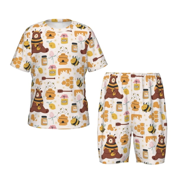 Balery Cute Bee Honey Jar Hive Bear Conjunto de Pijama Infantil de Manga Corta con Estampado – Ropa de Dormir de Algodón Suave-X-Large