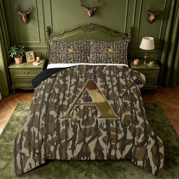 meiyoeat Rustic Hunting Camo Queen Comforter Set For Boys,Green Initial Letter A Comforter Sets Queen For Men,Black Reversible,3 Pieces