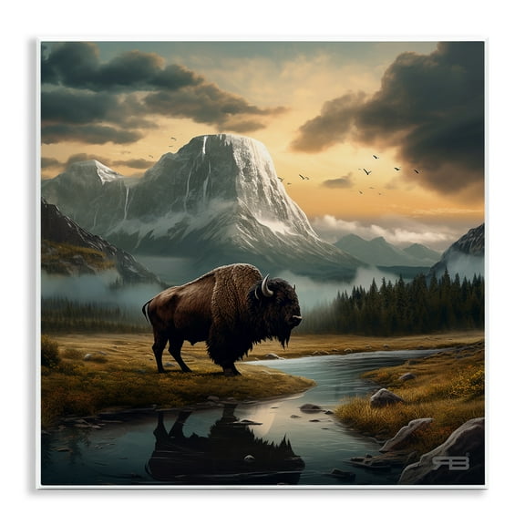 Stupell Industries Bison & Vast Mountains Landscape & Nature Painting Unframed Art Print Wall Art, 12 x 12