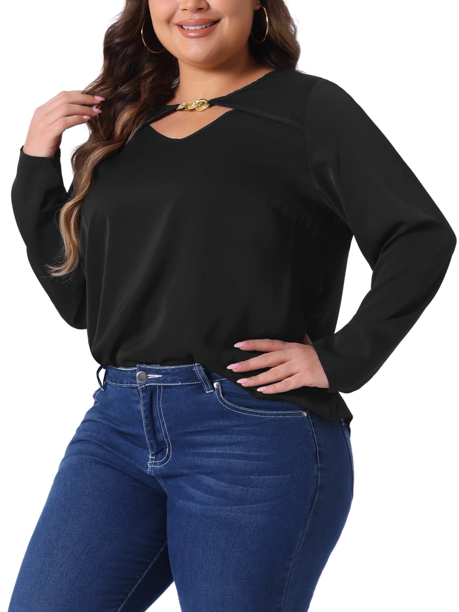 Unique Bargains Women' Plus V Neck Long Sleeve Cutout Front Basic Blouse 3X Black