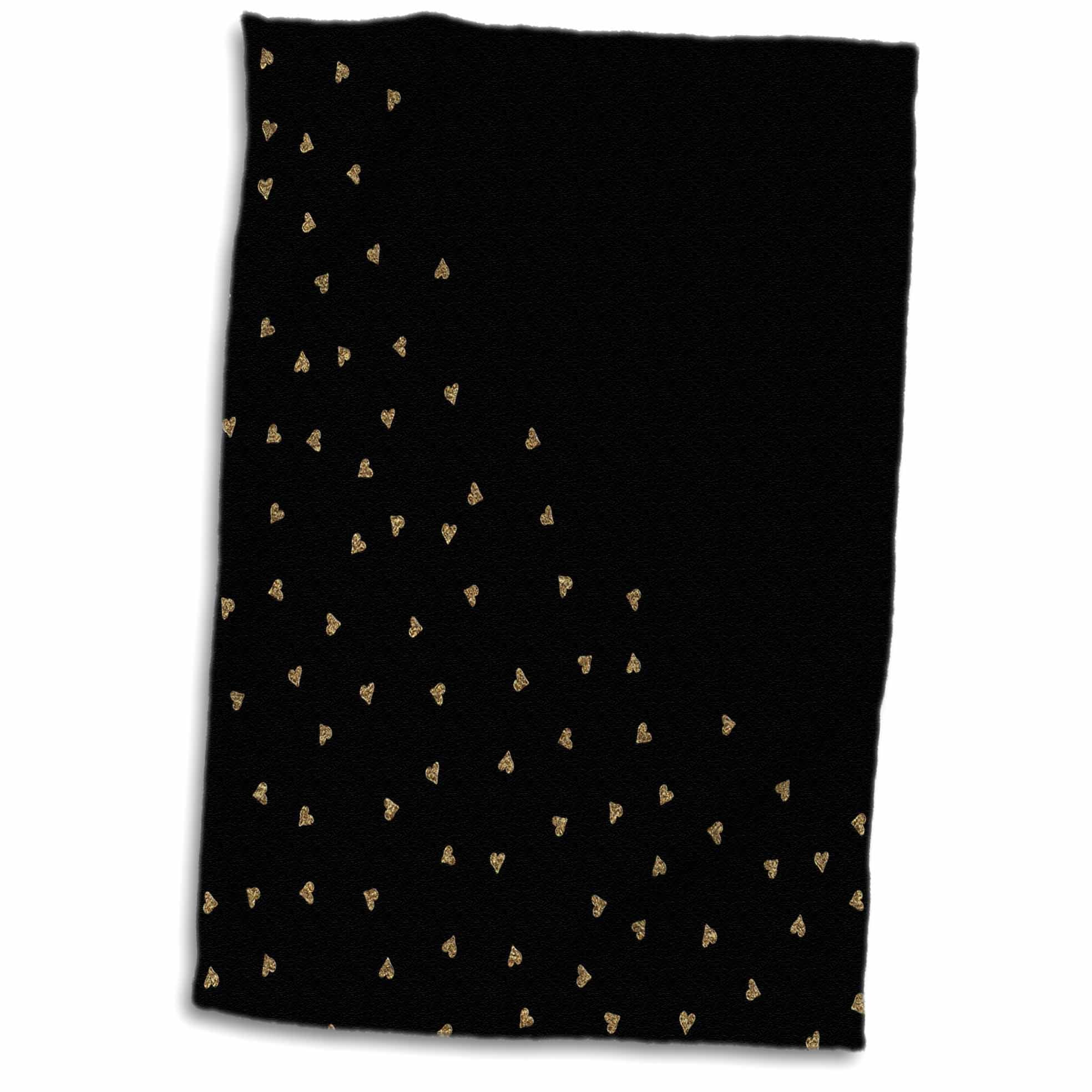 3dRose Glitter Sparkle Gold Heart Pattern on Black - Towel, 15 by 22-inch