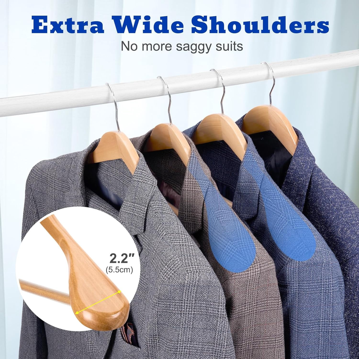 Solid Wood Wide Shoulder Hangers with Non-Slip Pants Bar, 360 °   Swivel Hook for Suits, Dresses, Jackets, and Heavy Clothes - 6 Pack (Walnut Finish)