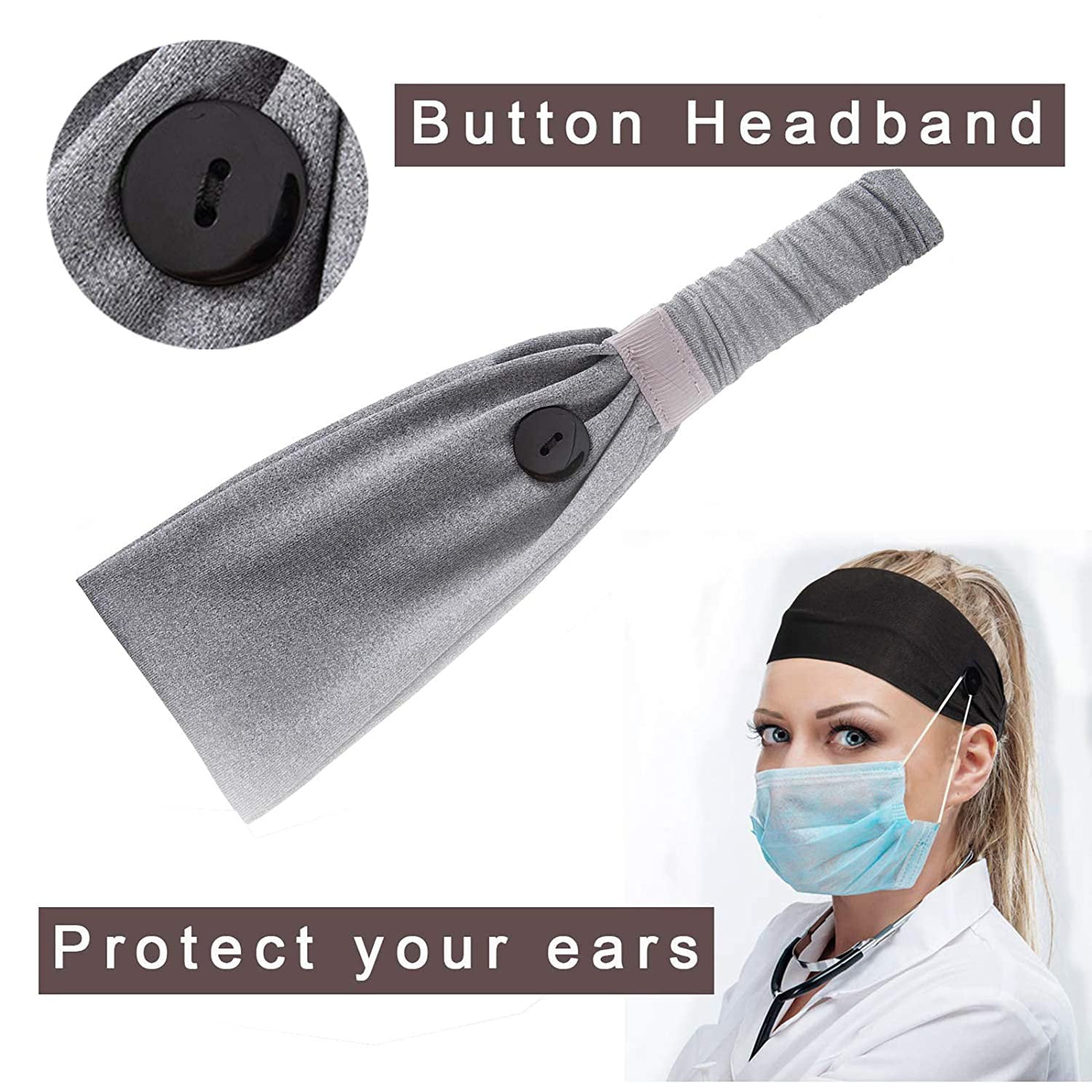 Headband with Buttons for Face Mask Headbands for Nurses, Non Slip Ear  Protection Holder Elastic Button Headbands for Women