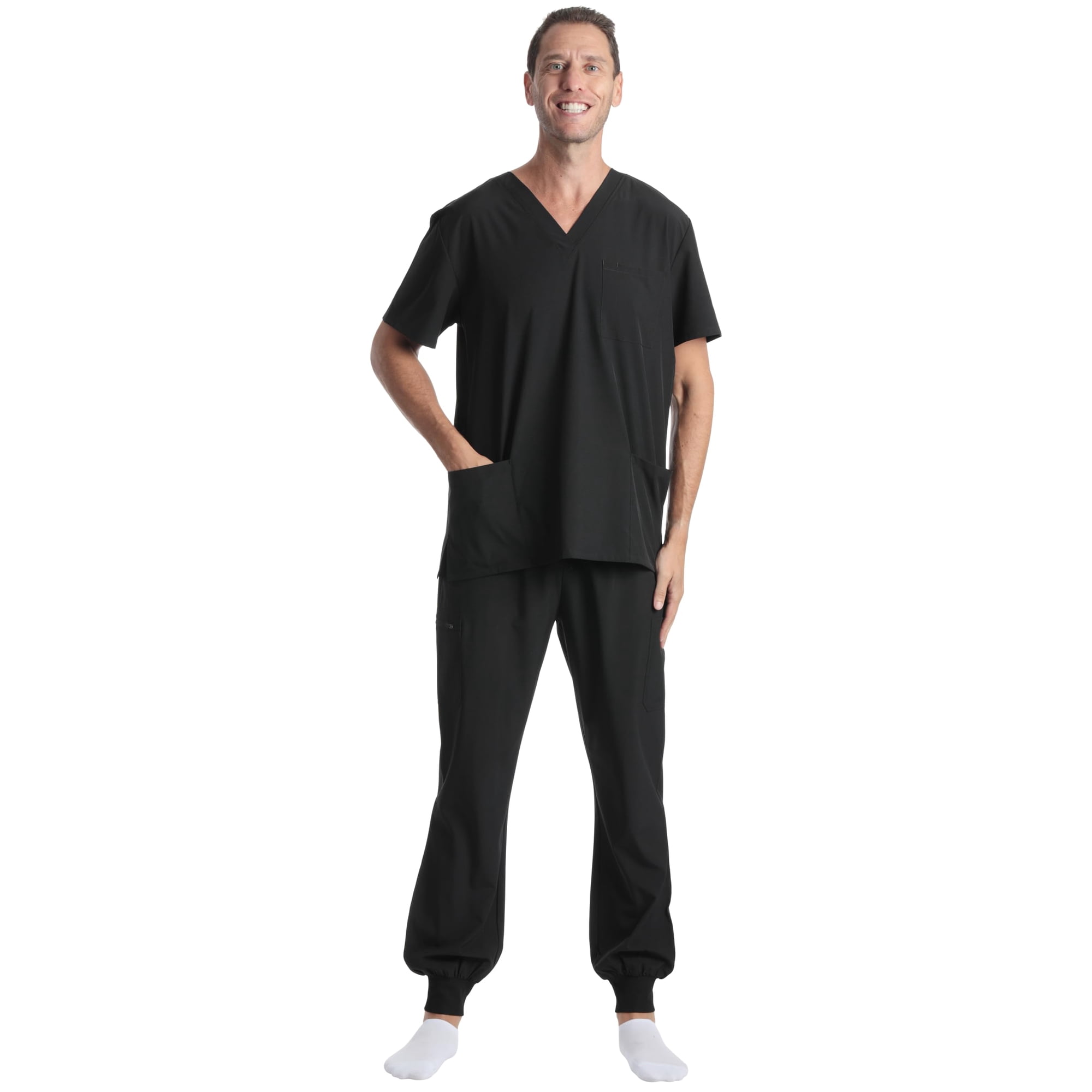 Just Love Men's 2-Piece V-Neck Medical Scrub Set (Black Stretch Fabric, X-Small)