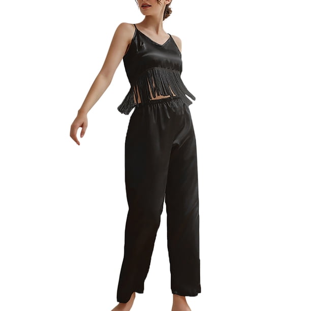 Gibobby Pijamas para mujer Pijamas de mujer Lencería Lencería de satén Sexy Camisón Slips Conjuntos de dormir Sexy Slips Ropa de dormir Conjuntos de camisón(Negro,CH)
