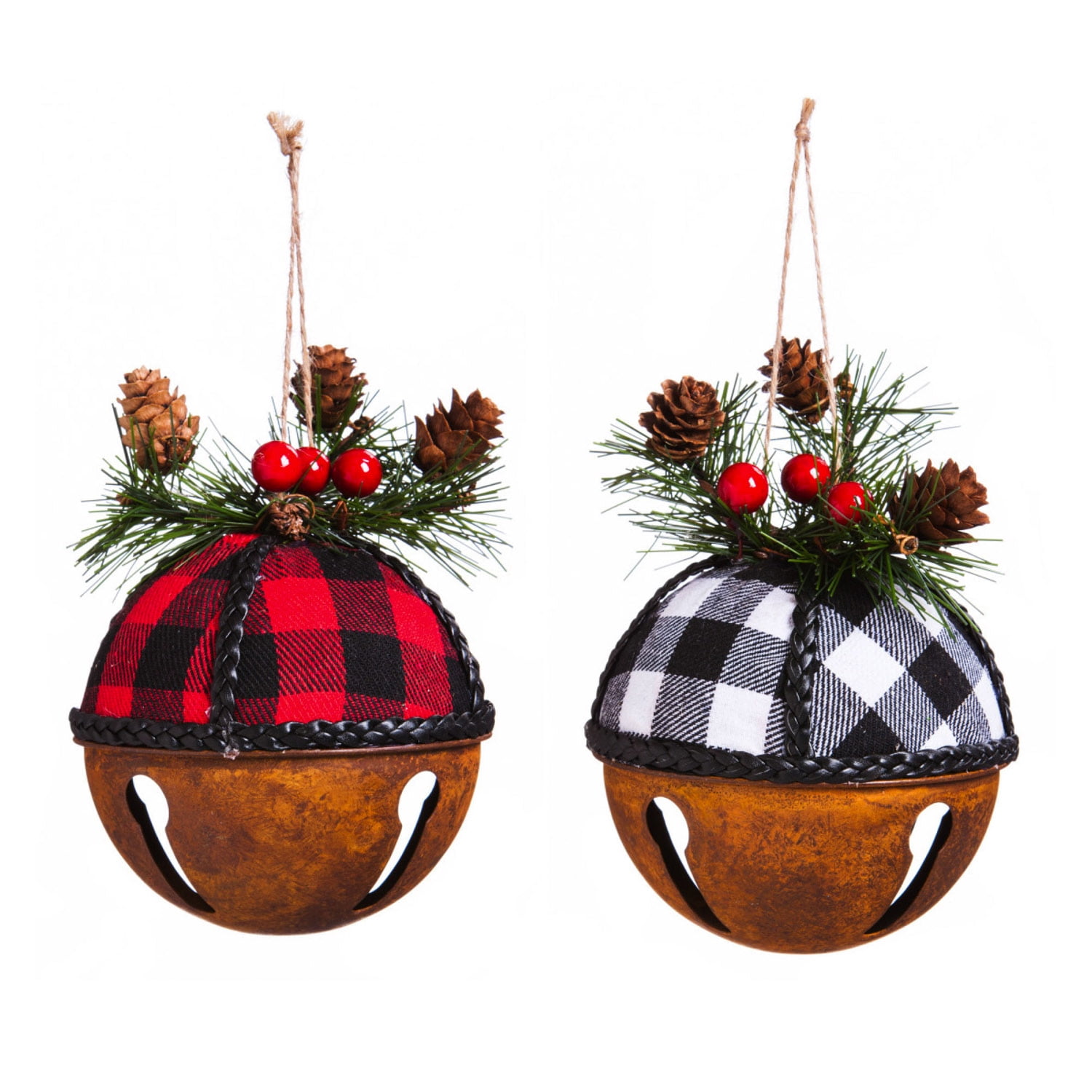 Evergreen Metal Buffalo Plaid Bell Ornament, 2 Assorted, 3.5'' x 4.5