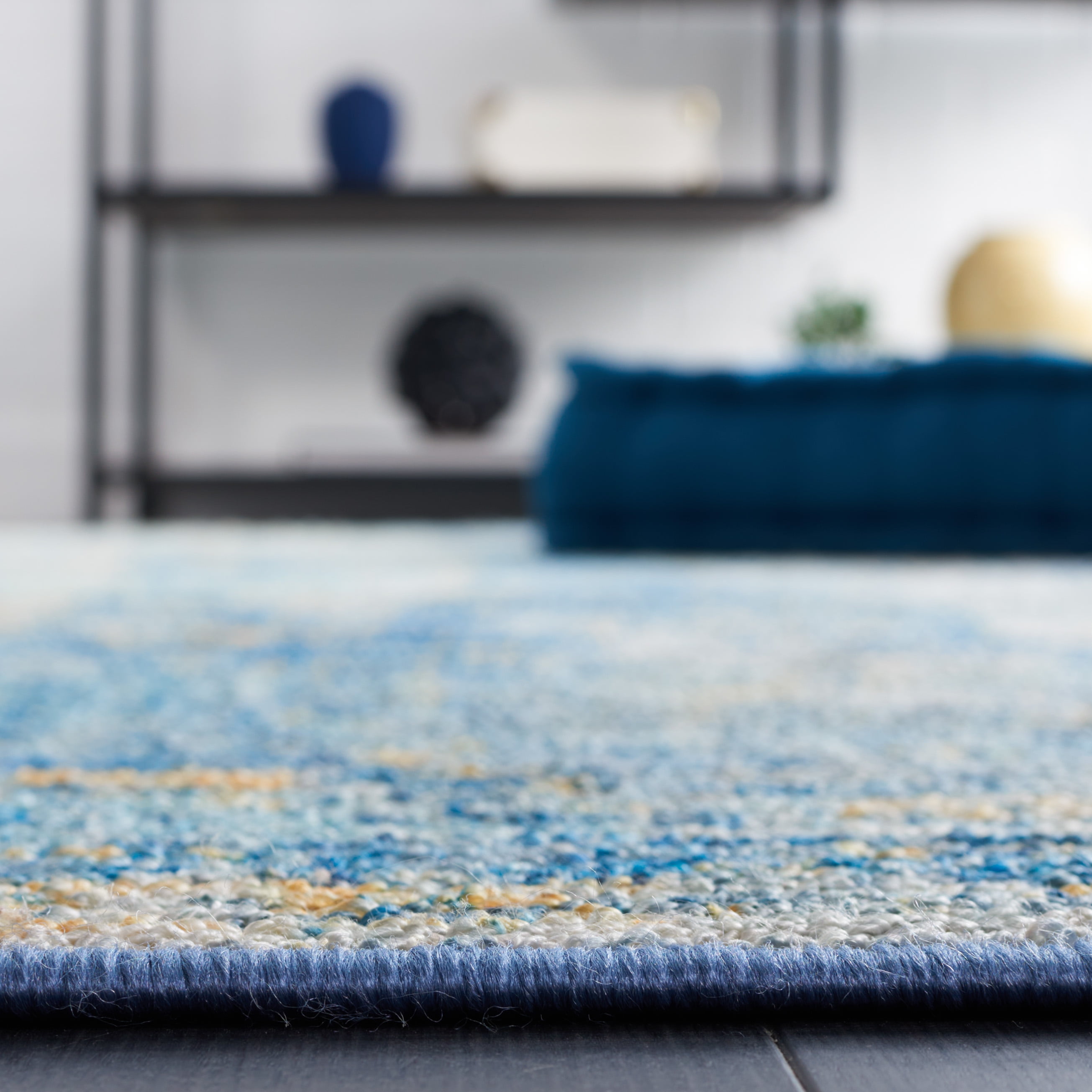 SAFAVIEH Sequoia Utica Abstract Polyester Machine Washable Area Rug, Ivory Blue/Gold, 5'5" x 7'6"