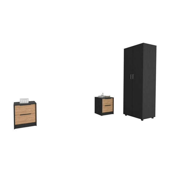 Newboti Furniture 3 Piece Bedroom Set, London Armoire & Egeo Nightstand & Egeo Nightstand, Black / Pine 43632