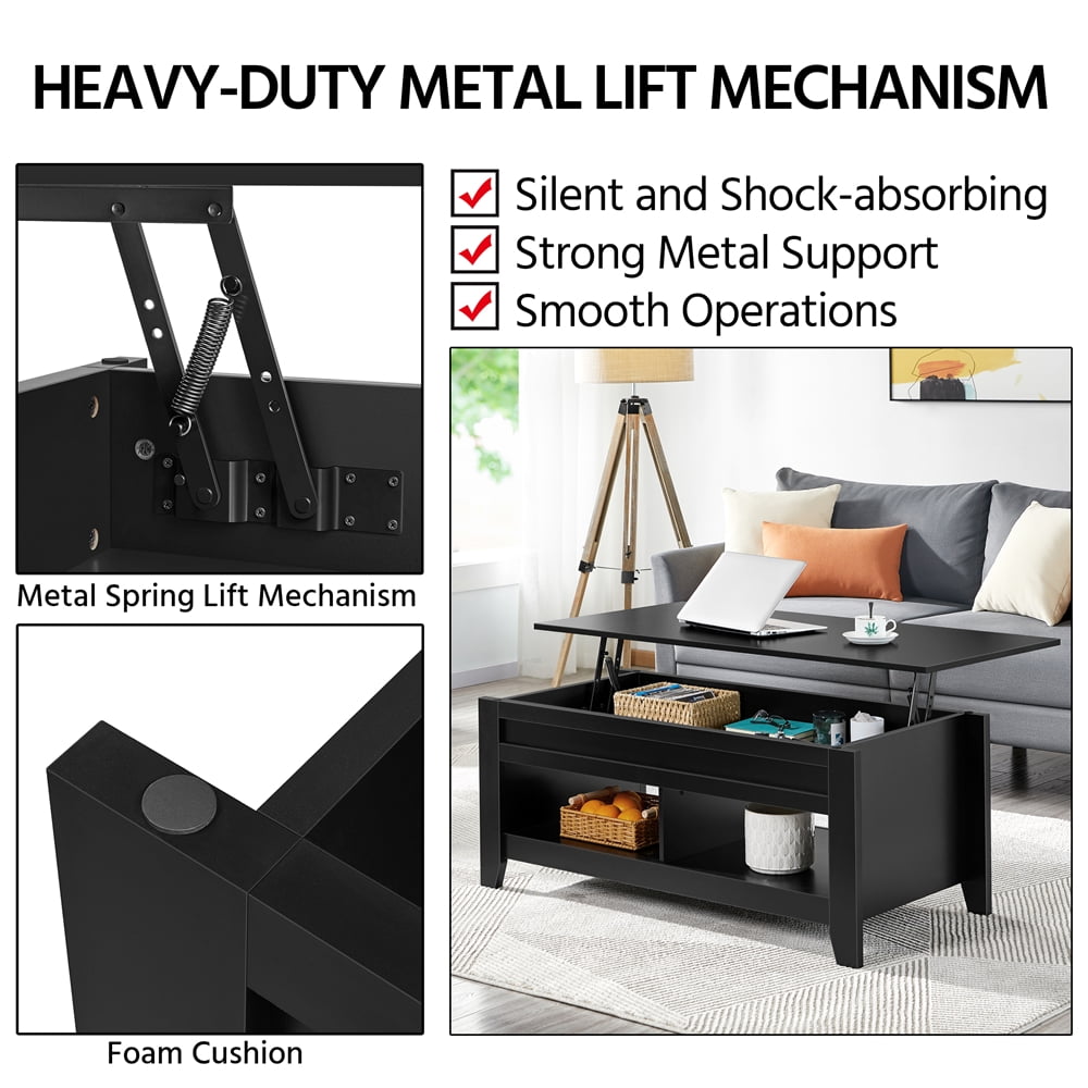 Alden Design 47.5" Lift Top Coffee Table with 2 Storage Compartments for Livingroom, Black