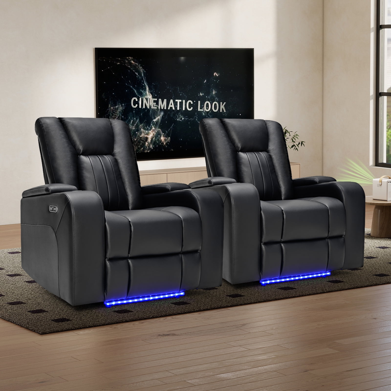Bonzy Home Electric Power Recliner Chair, Breathable Leather, LED Light, USB Ports, Cup Holders, Hidden Storage, Home Theater Seating