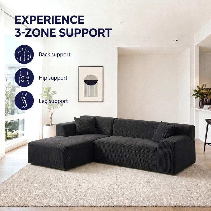 Gewnee 96" Modular Sleeper Sofa Bed, Boneless Sectional Couch with Deep Seat, Boneless Couches for Living Room, Black（Corduroy）