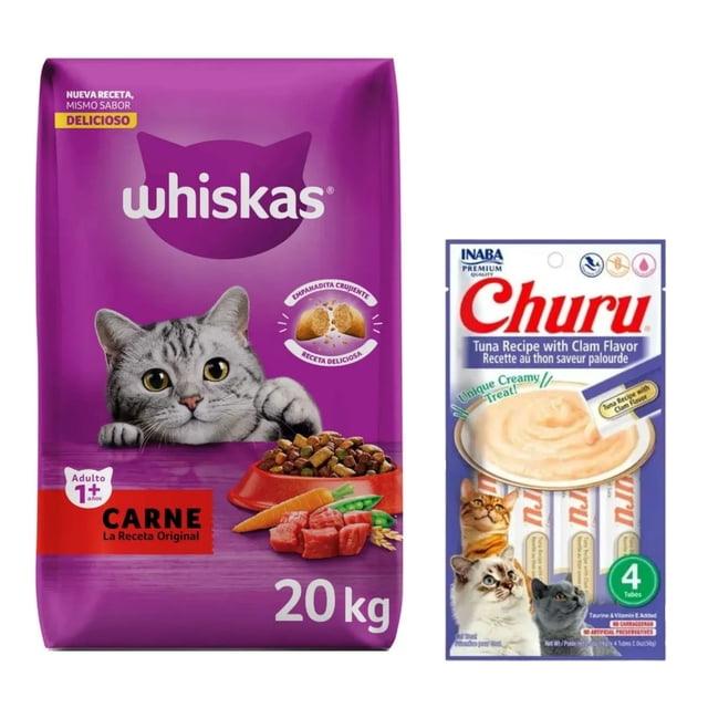 Whiskas Original Carne 20 kg + Churu Atún con Almeja Sobre con 4 Tubos de 14 g