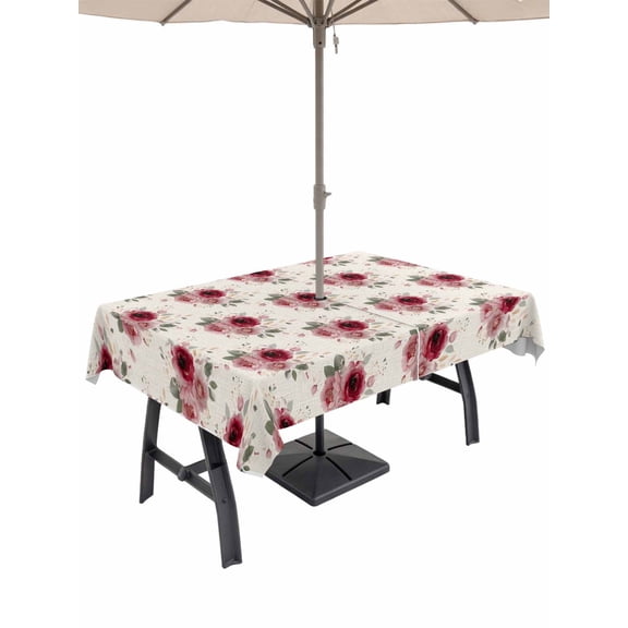 Outdoor Tablecloth with Umbrella Hole for Patio/Picnic/Party/Camping, Pink Spring Floral Waterproof Table Cloth Rectangle Table Cover Washable, Farmhouse Flowers Modern Art (60"x 84")
