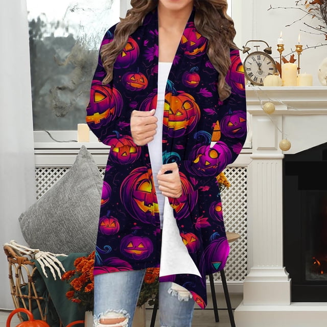 Cárdigan de manga larga para mujer, moda informal, blusa estampada de Halloween, abrigo para mujer