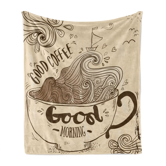 Coffee Art Soft Flannel Fleece Blanket, Retro Inspired Morning Theme Cup and Ship Sailing on Ocean Waves Doodle, Cozy Plush for Indoor and Outdoor Use, 50" x 60", Chocolate and Beige, by Ambesonne