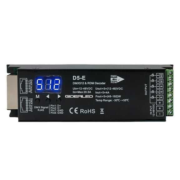 GIDEALED 5 channel DMX512 decoder with RDM digital display,stage lighting apparatus 12V-48VDC PWM dimmer driver, RGBCCT LED controller,for RGBWW, RGBW or 5 groups white light strip