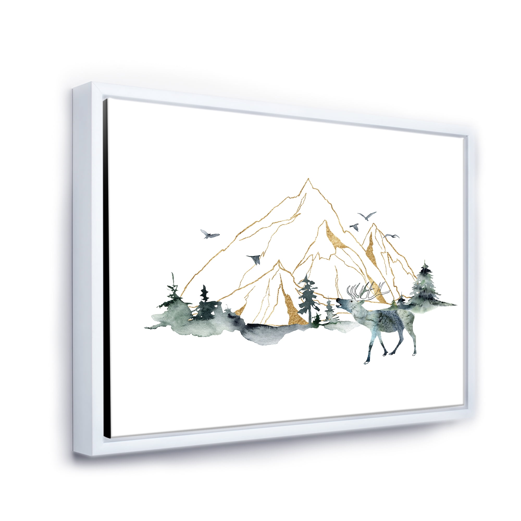 Minimalistic Landscape of Forest Deer and Mountains 40 in x 30 in Framed Painting Canvas Art Print, by Designart