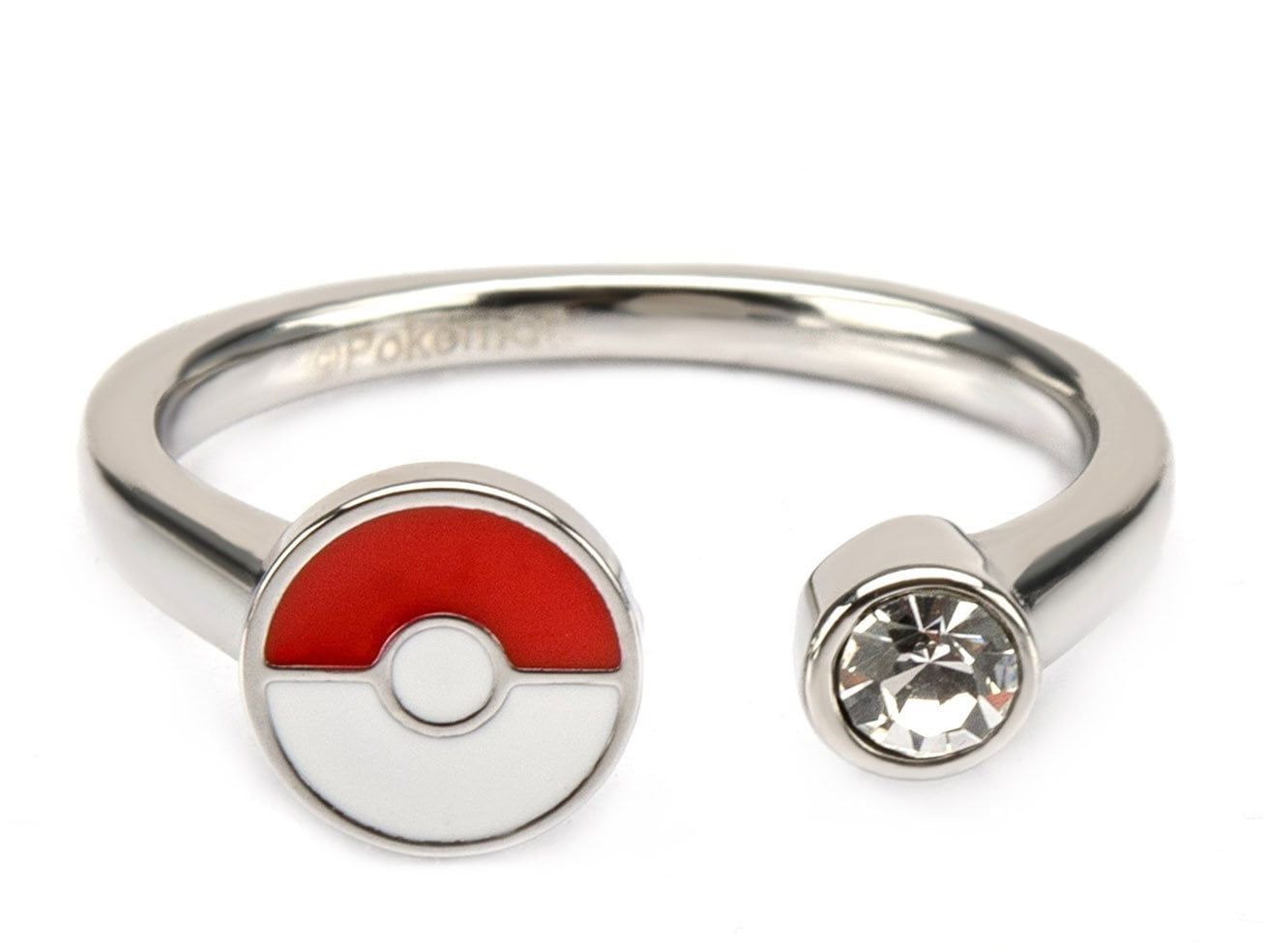 Pokemon Pokeball Red/White Stainless Steel Women's Ring w/ Gem, Size 8