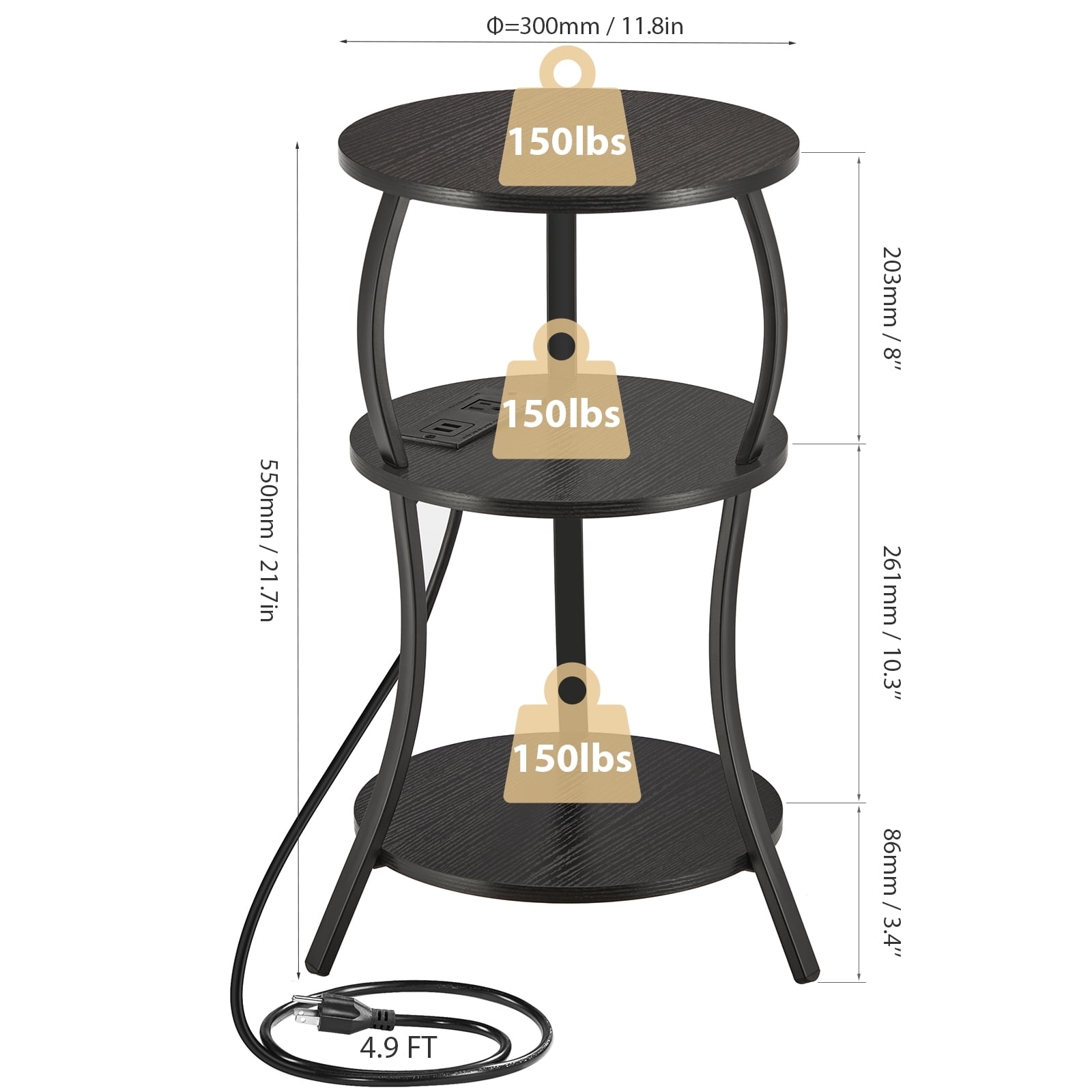 ZEXVIDA Small Round Side Table with Charging Station, 3-Tier Waist Circular End Table with Storage Shelf,  Sofa Side Table Small Spaces, Round Corner Coffee Table for Living Room Bedroon,Black