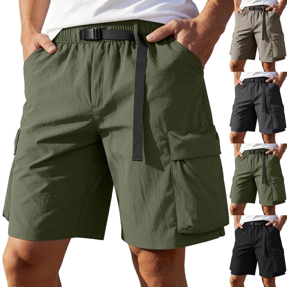 Paiwinds Men's Solid Color Casual Sports Elastic Waist Multi Pocket Workwear Shorts Quick Dry Cargo Shorts for Outdoor Hiking Jogging Fishing