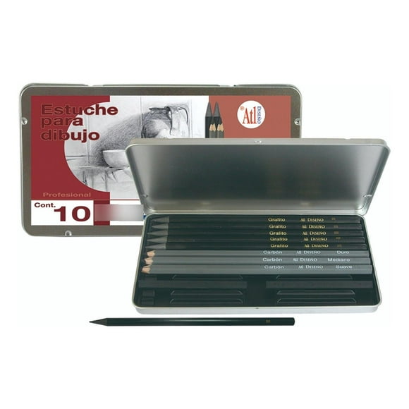 Lápices De Grafito Estuche Metal Madera Dibujo Atl 12 Piezas multicolor SIN TAMAÑO