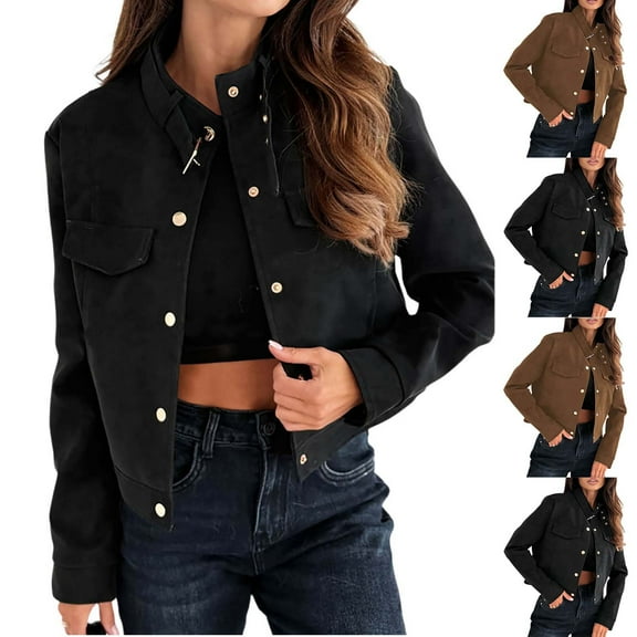 Antinious Womens Solid Casual Stand Up Collar Button Down Jacket with Pockets,Womens Winter Trench Coat,Jackets for Women Trendy,Brown,XL