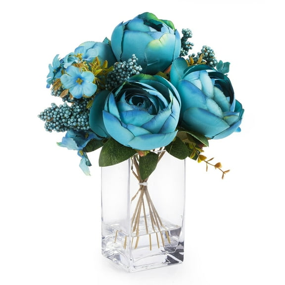 Enova Home Artificial Flowers Mixed Silk Peony Fake Flowers Arrangement in Rectangle Glass Vase with Faux Water for Home Office Wedding Decoration (Aqua)