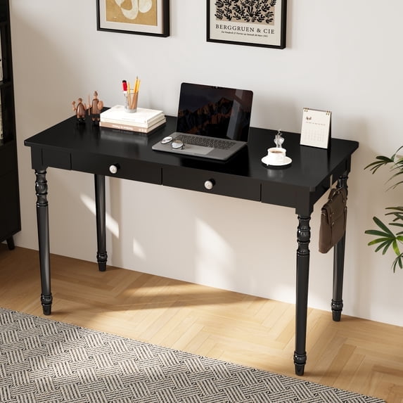 BESKADI Solid Wood Desk with Drawers - 48 Inch Writing Desk with Drawers, Simple Modern Desk with 2 Hooks, Rubber Wood Study Table for Bedroom, Living Room & Office, Black Desks