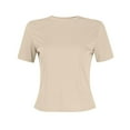 thumbnail image 6 of Short Sleeve Short Sleeve Crop Tops For Women Cute Juniors Y2k Cute Basic Tee Teen Girls Fashion Thermal Athletic Tight Shirt Outfit Layering Slim Fitted Crew Neck Tops Khaki M, 6 of 7