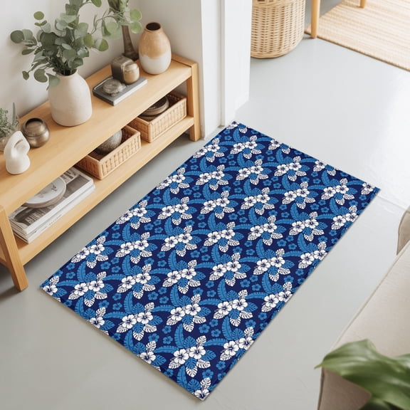 2x3 Ft Entryway Area Rug, Watercolor Floral Kitchen Rug Runner Washable Floor Mat, Summer Tropical Monstera Leaves Blue Non Slip Indoor Door Mat Throw Carpet for Bathroom Living Room Bedroom
