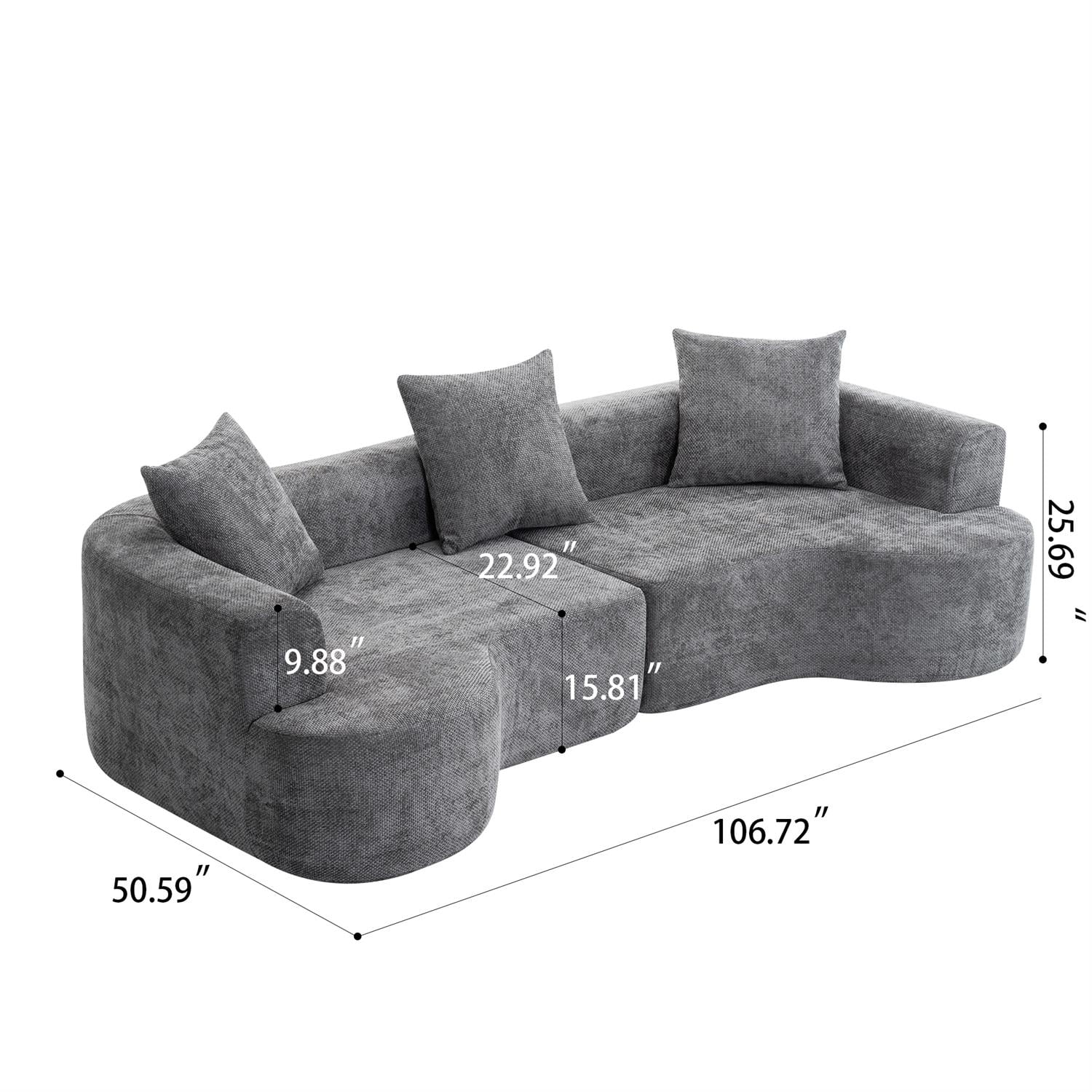 Demi Bonn 106" Moon Shaped Modern Sofa Bed, Deep Seat Cat Waist Sectional, Chenille Fabric Compressed Sponge Couch for Living Room, Gray