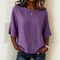 thumbnail image 2 of Women's Crew Neck Tops Textured Dolman 3/4 Sleeve T-Shirt Casual Linen Blend Summer Top for Women Purple M, 2 of 5