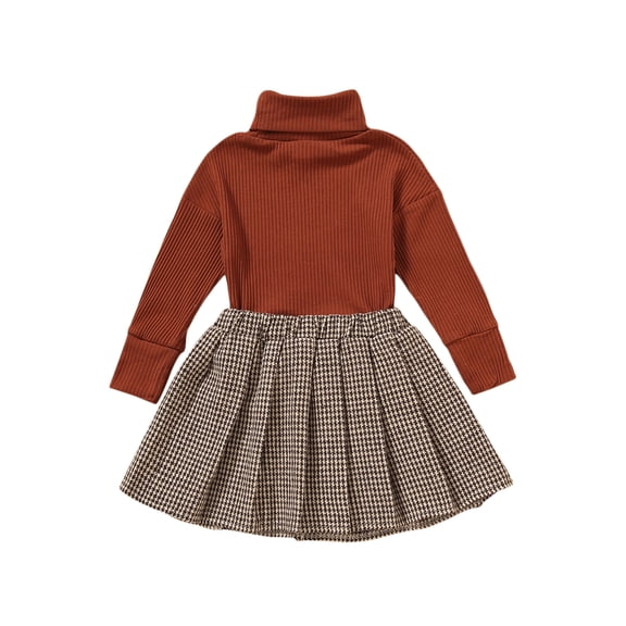 Canrulo Kids Baby Girls Clothes 2pcs Solid Knit Long Sleeve Turtleneck Sweater Tops Plaids Skirts Sets Brown 2-3 Years