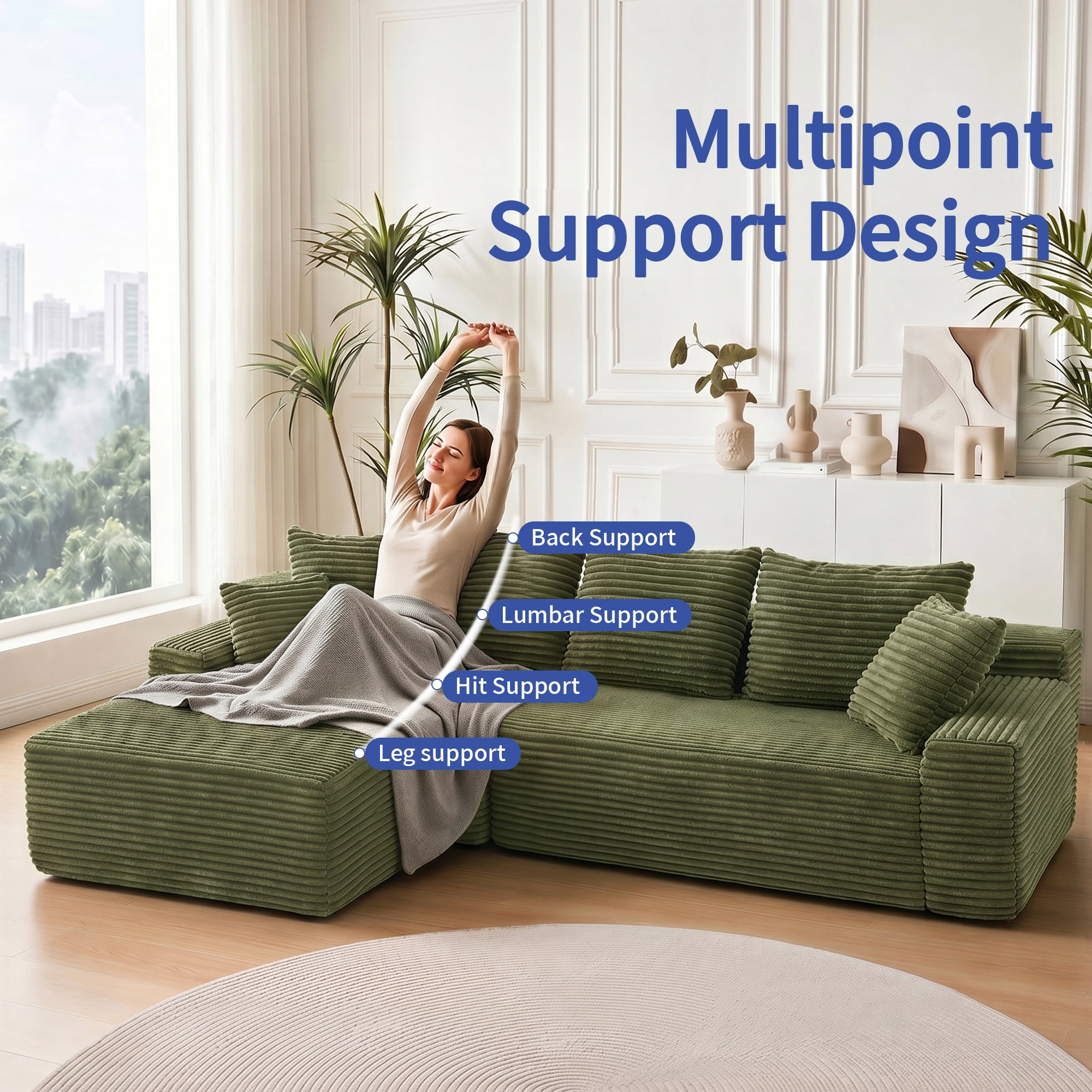 Leumius 95" Boneless Modular Sectional Sofa with Chaise,L-Shaped Comfy Corduroy Couch with Deep Seat,Upholstered Sectional Couch for Living Room, No Assembly,Green