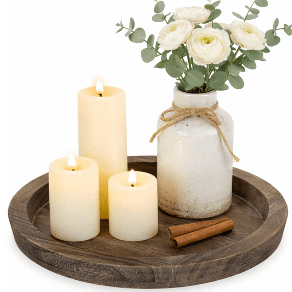 Hanobe Decorative Candle Tray Decor: Round Wooden Trays for Decor，Farmhouse coffee Table Tray Decor Centerpiece