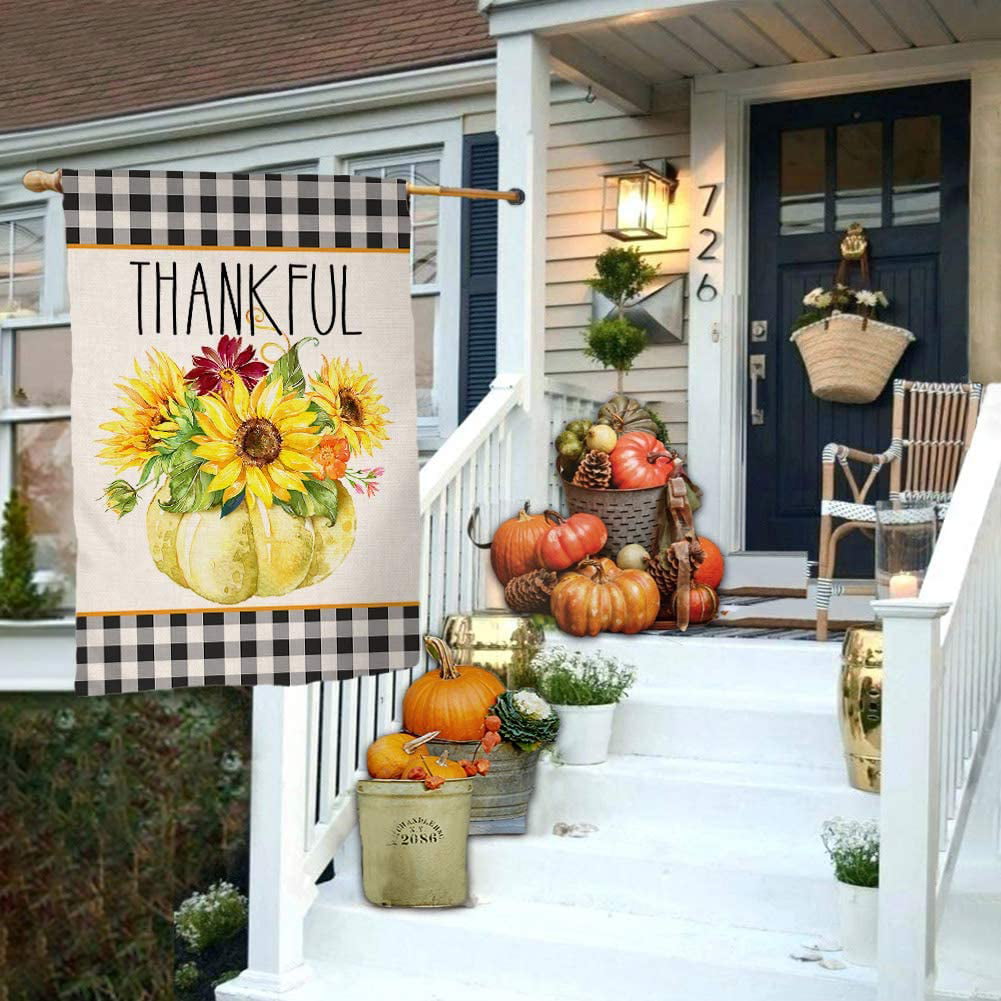 Pumpkin Fall House Flag Floral Burlap Vertical Double Sided Autumn Outdoor Farmhouse Thanksgiving Yard Decorations 28 x 40 Inch