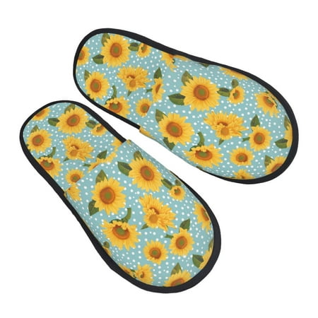 

KLL White Polka Dot Sunflower Slippers for Women Men House Slip on Indoor Outdoor Bedroom Furry Fleece Lined Ladies Comfy Anti-Skid Rubber Hard Sole-Large