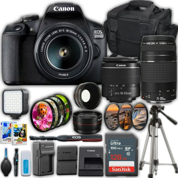 Canon EOS 2000D DSLR Camera With Canon EF-S 18-55mm F/3.5-5.6 DC III Zoom Lens   EF 75-300mm f/4-5.6 III Lens   128 GB Memory Card   Case   50" Tripod   3 Pcs Filter Kit   More (International Version)