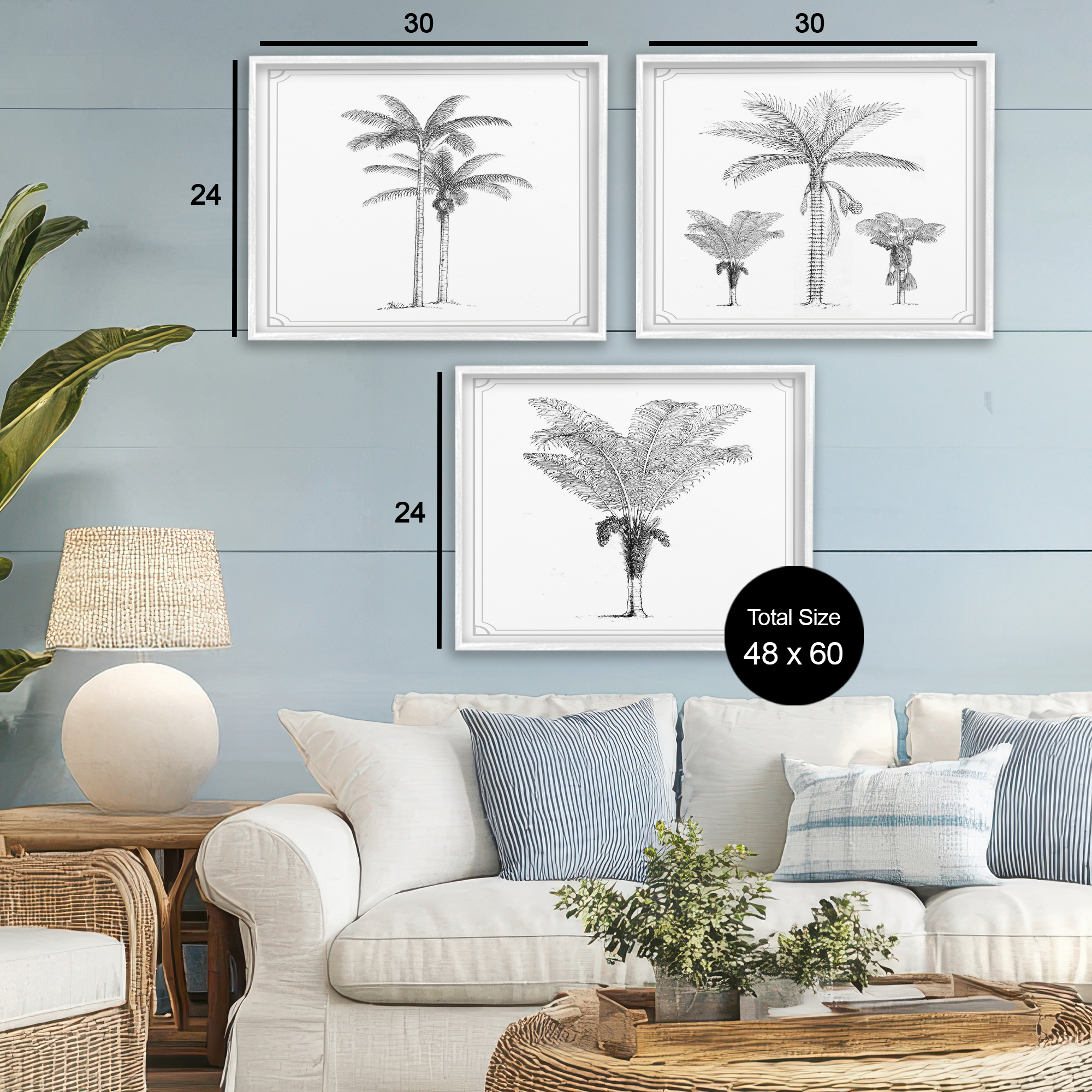 Minimal Vintage Palm Tree Sketches 3 Piece White Framed Giclee Art Set, design by Lettered and Lined