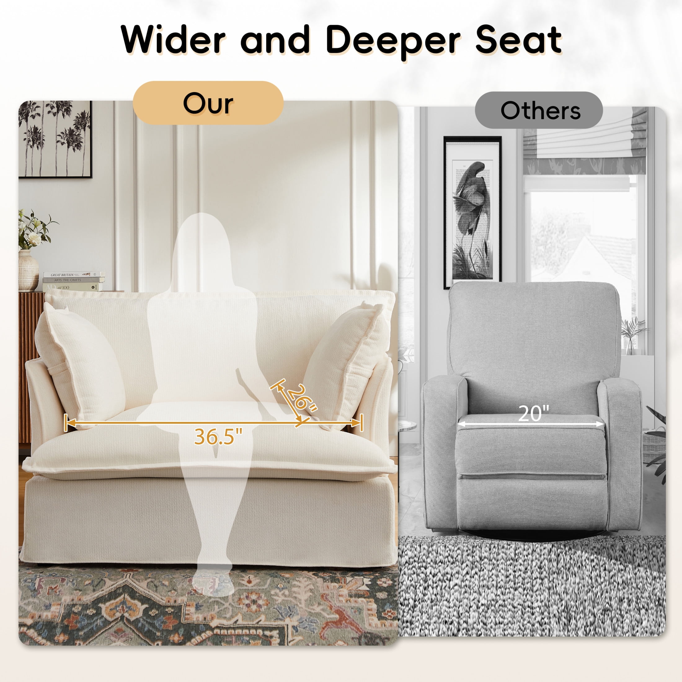 Noble House Genrix 47" Oversized Chenille Accent Chair with Charging Ports, Comfy Armchair for Living Room, White