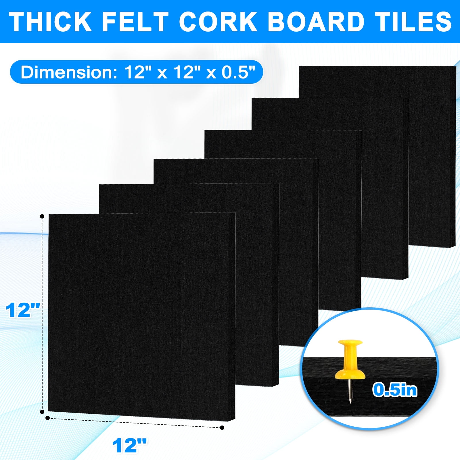 6 Packs Felt Cork Board Tiles 11.8x11.8 Inch, Black Poster Board Cork Bulletin Board Squares Acoustic Panels Soundproof Corkboards for Walls with 60 Pushpins for Home Office Kitchen, Black