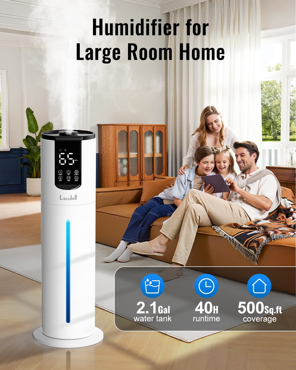 LACIDOLL Humidifiers for Large Room, 2.1Gal 8L Top Fill Humidifier with Essential Oils Tray, Easy to Clean Humidifier with Fully Washable Parts