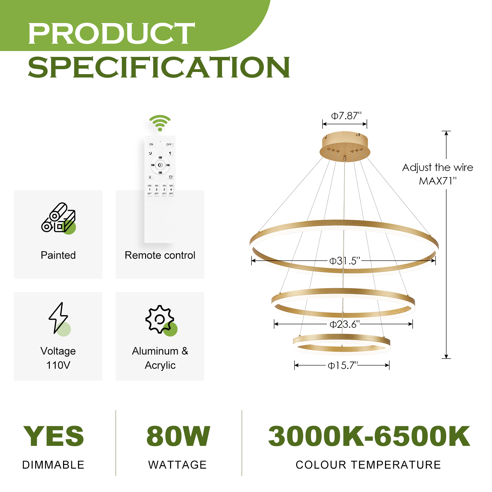 Gold 3-Rings Modern LED Chandelier Dimmable Pendant Lighting with Remote Control Circular Flush Mount High Ceiling Light for Living Room Dining Room Foyer, 3000K-6500K D31.5"