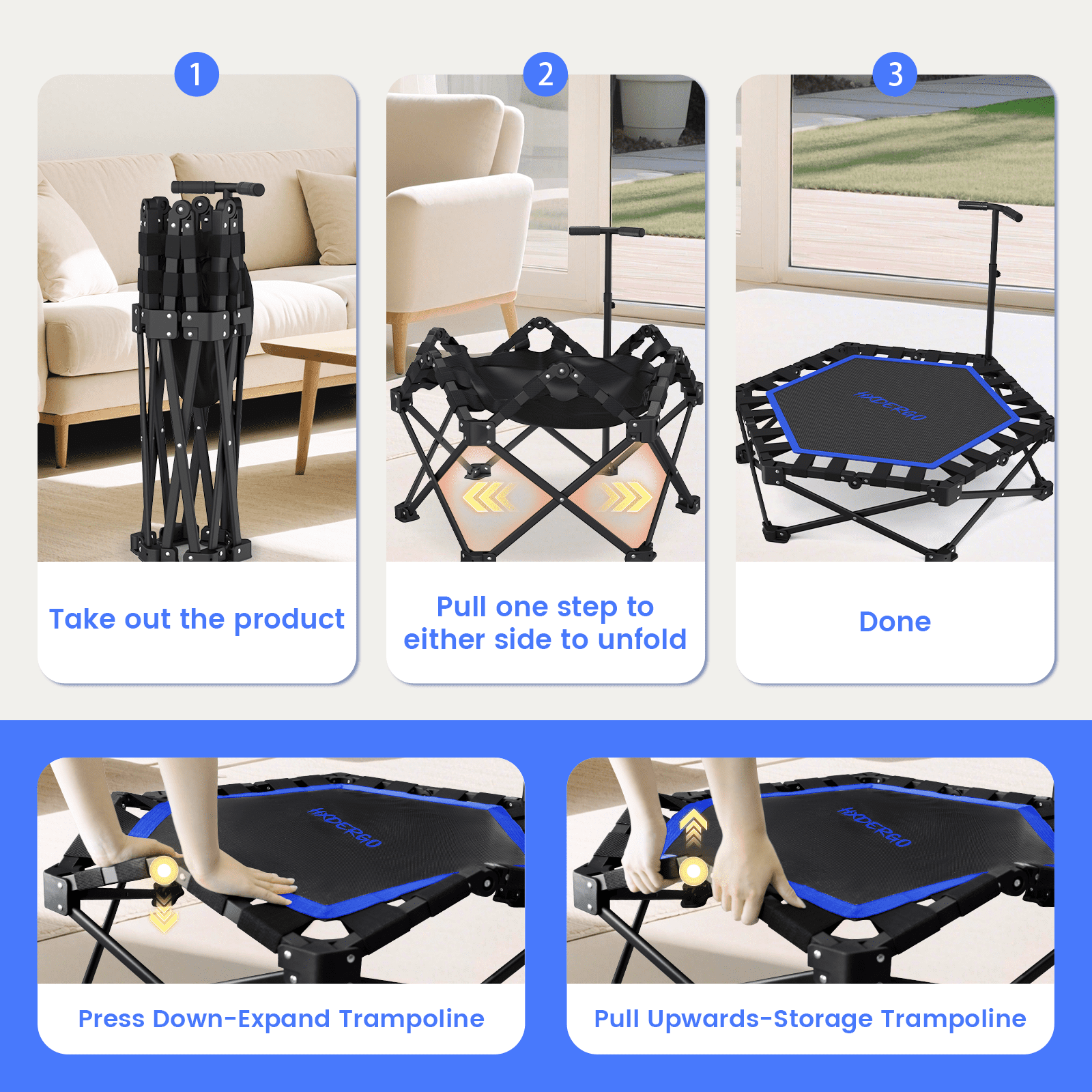 HXD-ERGO 42'' Foldable Mini Trampoline, Rebounder Trampoline with Adjustable Foam Handle, Fitness Trampoline for Indoor, Outdoor, Home Gym, Max Load 460lbs